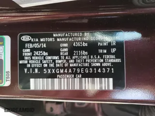 2014 Kia Optima LX with VIN 5XXGM4A79EG314371, listed as a Copart auction lot 50327902 with 0 mi miles and Salvage Title. Bid and sale history available at carsss.com. Image 10.