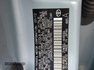 2012 Toyota Prius One with VIN JTDKN3DU3C1582795, listed as a Copart auction lot 54000695 with 267,725 mi miles and Clean Title. Bid and sale history available at carsss.com. Image 13.