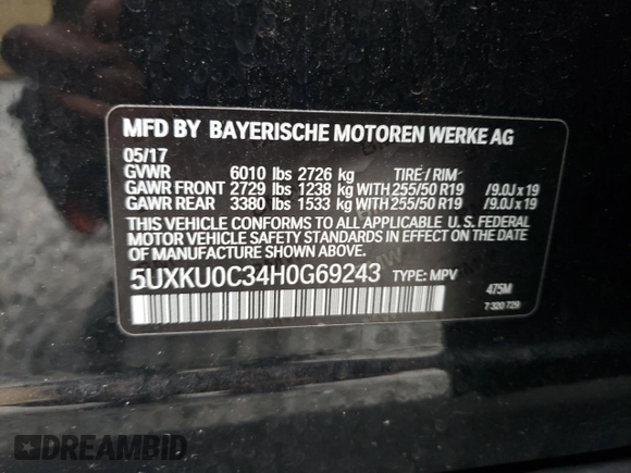 2017 BMW X6 sDrive35i with VIN 5UXKU0C34H0G69243, listed as a Copart auction lot 69607524 with 105,996 mi miles and Salvage Title. Bid and sale history available at carsss.com. Image 13.
