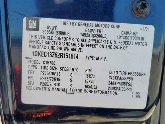 2002 GMC Yukon SLT with VIN 1GKEC13Z62R151814, listed as a Copart auction lot 88067325 with 266,716 mi miles and Salvage Title. Bid and sale history available at carsss.com. Image 13.