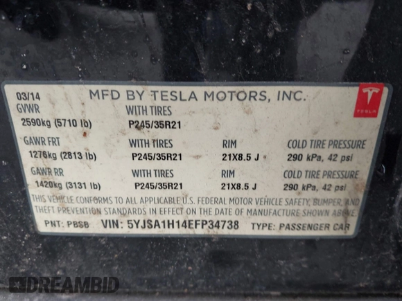 2014 Tesla Model S 60 with VIN 5YJSA1H14EFP34738, listed as a IAAI auction lot 42132117 with 120,898 mi miles and . Bid and sale history available at DreamBid. Image 9.