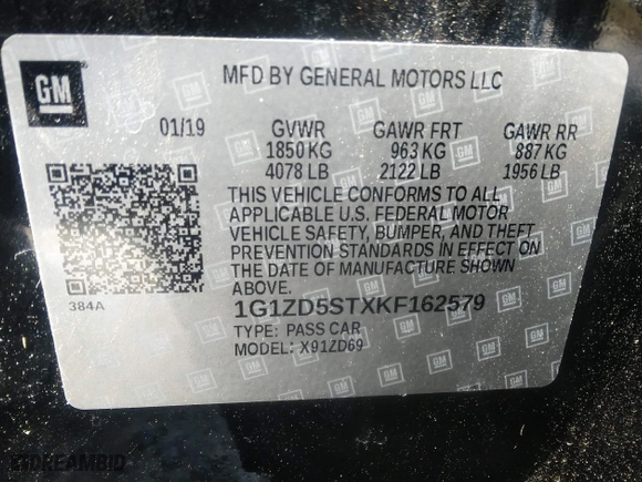 2019 Chevrolet Malibu LT with VIN 1G1ZD5STXKF162579, listed as a IAAI auction lot 38336868 with 1 mi miles. Bid and sale history available at carsss.com. Image 9.