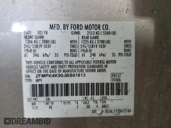 2018 Ford Edge Titanium with VIN 2FMPK4K90JBB61813, listed as a Copart auction lot 81506884 with 64,127 mi miles and Salvage Title. Bid and sale history available at carsss.com. Image 15.