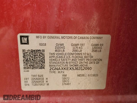 2018 Chevrolet Equinox LT with VIN 2GNAXKEX5J6312090, listed as a Copart auction lot 49404205 with 145,754 mi miles and Salvage Title. Bid and sale history available at DreamBid. Image 13.