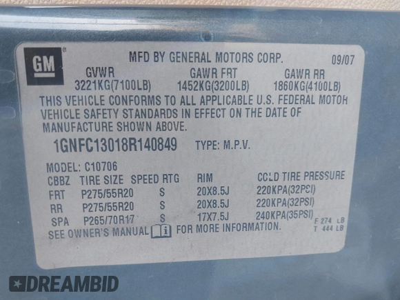2008 Chevrolet Tahoe 3LT with VIN 1GNFC13018R140849, listed as a IAAI auction lot 41826647 with Not provided miles and . Bid and sale history available at DreamBid. Image 8.