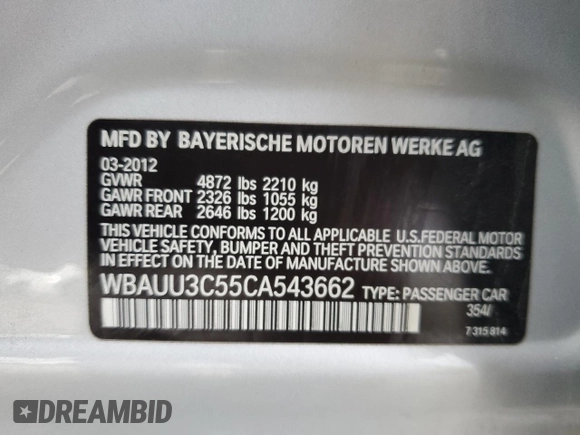 2012 BMW 3 Series 328i xDrive with VIN WBAUU3C55CA543662, listed as a Copart auction lot 47412765 with 104,901 mi miles and Salvage Title. Bid and sale history available at DreamBid. Image 12.