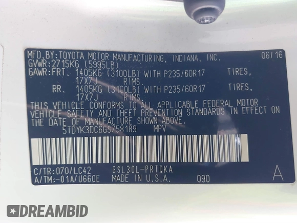 2016 Toyota Sienna XLE with VIN 5TDYK3DC6GS758189, listed as a IAAI auction lot 41598251 with 129,050 mi miles and . Bid and sale history available at DreamBid. Image 9.