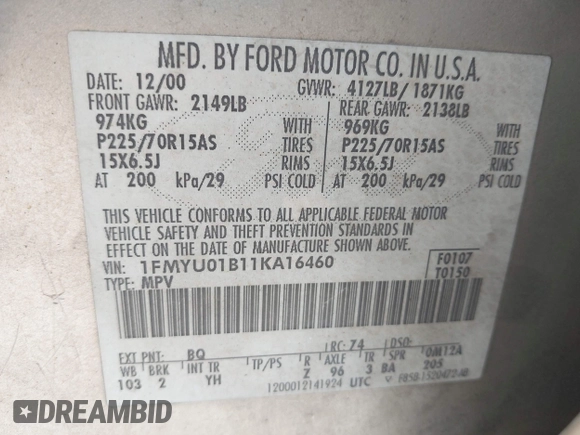 2001 Ford Escape XLS с VIN 1FMYU01B11KA16460, выставлен на аукционе IAAI как лот 42346546 с пробегом 264 160 миль миль и . История ставок и продаж доступна на DreamBid. Изображение 9.