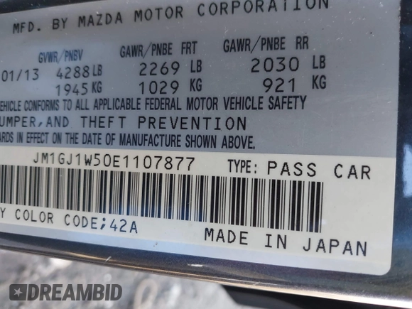 2014 Mazda 6 i Grand Touring with VIN JM1GJ1W50E1107877, listed as a IAAI auction lot 41857596 with 166,188 mi miles and . Bid and sale history available at DreamBid. Image 9.