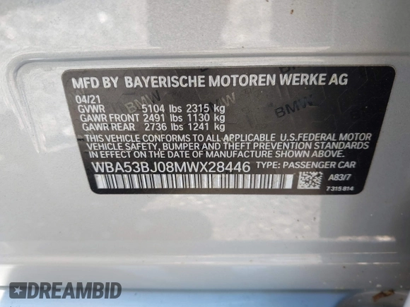 2021 BMW 5 Series 540i с VIN WBA53BJ08MWX28446, выставлен на аукционе IAAI как лот 42200893 с пробегом 20 725 миль миль и . История ставок и продаж доступна на DreamBid. Изображение 9.