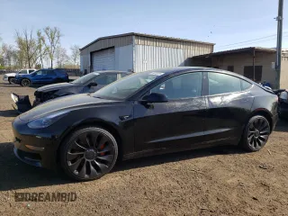 2023 Tesla Model 3 Performance with VIN 5YJ3E1EC1PF577798, listed as a Copart auction lot 55032025 with 20,098 mi miles and Salvage Title. Bid and sale history available at carsss.com. Image 1.