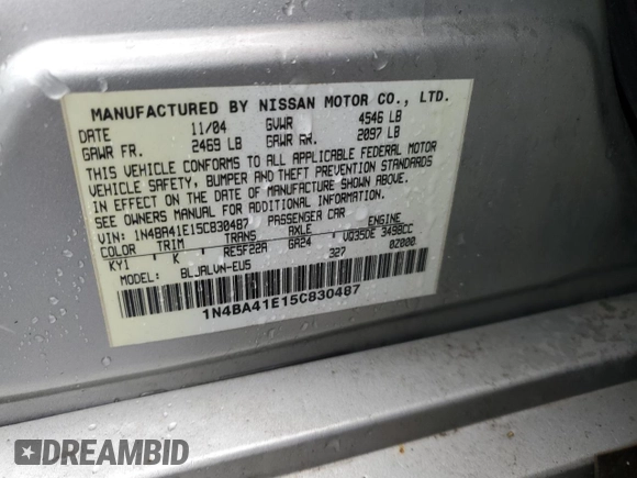 2005 Nissan Maxima SE with VIN 1N4BA41E15C830487, listed as a Copart auction lot 57828975 with 237,908 mi miles and Salvage title. Bid and sale history available at DreamBid. Image 12.