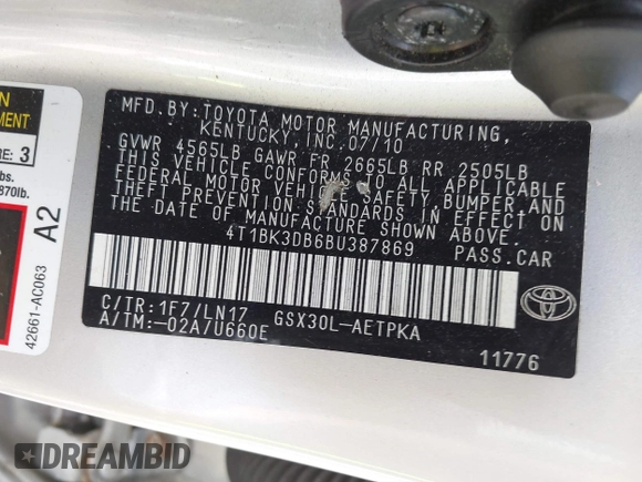 2011 Toyota Avalon with VIN 4T1BK3DB6BU387869, listed as a IAAI auction lot 42762068 with 156,559 mi miles and . Bid and sale history available at DreamBid. Image 9.