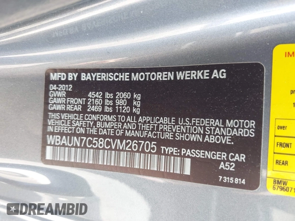 2012 BMW 1 Series 135i with VIN WBAUN7C58CVM26705, listed as a IAAI auction lot 42505448 with 72,336 mi miles and . Bid and sale history available at DreamBid. Image 9.