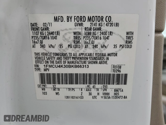 2011 Ford Escape Hybrid with VIN 1FMCU4K30BKB66313, listed as a Copart auction lot 58771165 with 297,214 mi miles and Salvage title. Bid and sale history available at DreamBid. Image 13.