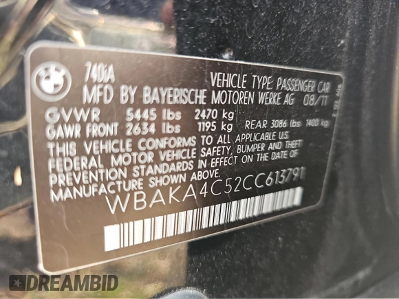 2012 BMW 7 Series 740i with VIN WBAKA4C52CC613791, listed as a Copart auction lot 82473894 with 132,656 mi miles and Clean Title. Bid and sale history available at carsss.com. Image 10.