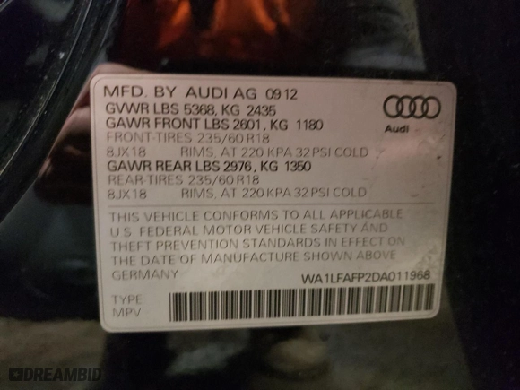 2013 Audi Q5 Premium Plus with VIN WA1LFAFP2DA011968, listed as a Copart auction lot 43005775 with 126,231 mi miles and Salvage Title. Bid and sale history available at carsss.com. Image 14.