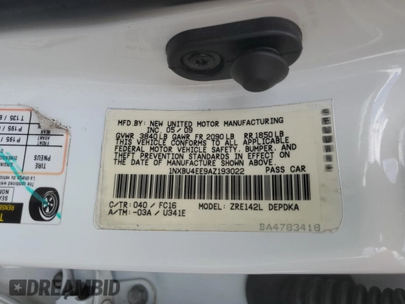 2010 Toyota Corolla with VIN 1NXBU4EE9AZ193022, listed as a Copart auction lot 61753695 with 208,597 mi miles and Salvage title. Bid and sale history available at DreamBid. Image 13.