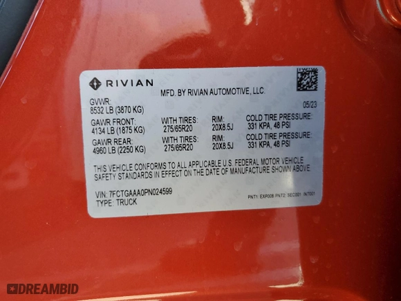 2023 Rivian R1T Adventure with VIN 7FCTGAAA0PN024599, listed as a Copart auction lot 50269955 with 0 mi miles and Salvage Title. Bid and sale history available at carsss.com. Image 12.
