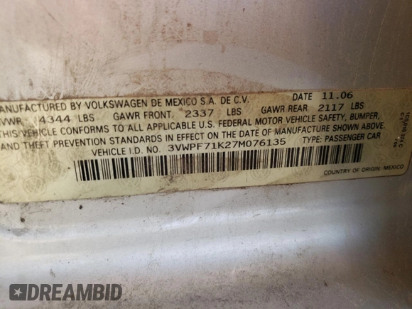 2007 Volkswagen Jetta 2.5 with VIN 3VWPF71K27M076135, listed as a Copart auction lot 61903465 with 248,202 mi miles and Salvage title. Bid and sale history available at DreamBid. Image 12.