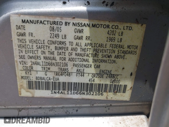2006 Nissan Altima S with VIN 1N4AL11D66N302106, listed as a IAAI auction lot 42307385 with 153,515 mi miles and . Bid and sale history available at DreamBid. Image 9.