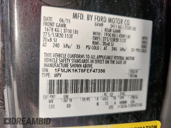 2015 Ford Expedition Max Limited with VIN 1FMJK1KT6FEF47356, listed as a Copart auction lot 65705205 with 186,591 mi miles and Clean title. Bid and sale history available at DreamBid. Image 13.