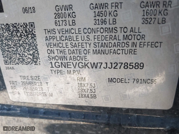 2018 Chevrolet Traverse LT Cloth with VIN 1GNEVGKW7JJ278589, listed as a IAAI auction lot 41432399 with 181,282 mi miles. Bid and sale history available at carsss.com. Image 9.