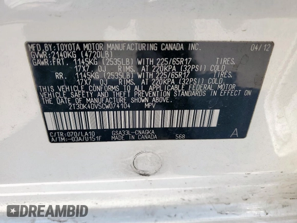 2012 Toyota RAV4 Limited with VIN 2T3DK4DV5CW074104, listed as a Copart auction lot 50724425 with 154,382 mi miles and Salvage Title. Bid and sale history available at carsss.com. Image 14.