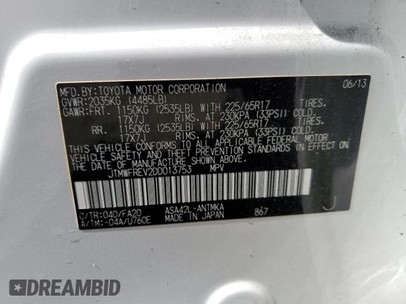 2013 Toyota RAV4 XLE с VIN JTMWFREV2DD013753, выставлен на аукционе Copart как лот 58044925 с пробегом 106 671 миль миль и Списание • Salvage title. История ставок и продаж доступна на DreamBid. Изображение 13.