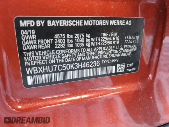 2019 BMW X1 sDrive28i with VIN WBXHU7C50K3H46236, listed as a Copart auction lot 45742165 with 102,335 mi miles and Salvage Title. Bid and sale history available at carsss.com. Image 13.