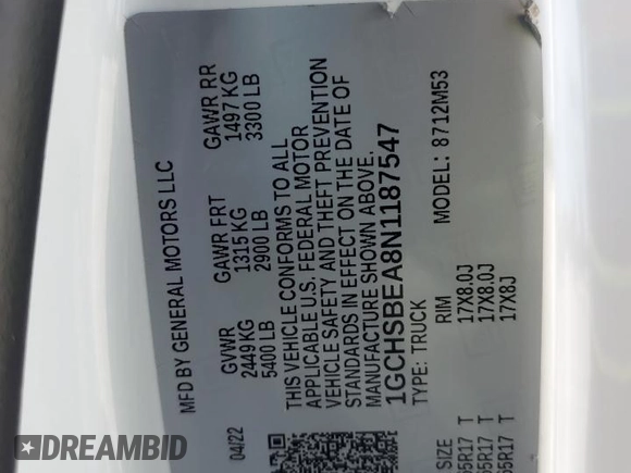 2022 Chevrolet Colorado 2WD Work Truck z VIN 1GCHSBEA8N1187547, wystawiony jako Copart lot #56421895 z przebiegiem 53 776 mil mil oraz Szkoda całkowita • Salvage title. Historia ofert i sprzedaży dostępna na DreamBid. Obrazek 12.
