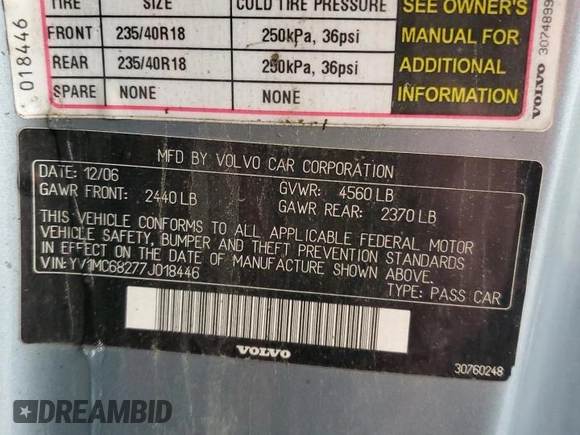 2007 Volvo C70 with VIN YV1MC68277J018446, listed as a Copart auction lot 88108515 with 134,814 mi miles and Clean Title. Bid and sale history available at carsss.com. Image 12.
