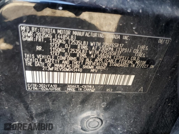 2013 Toyota RAV4 XLE с VIN 2T3WFREV5DW045440, выставлен на аукционе Copart как лот 50999945 с пробегом 202 518 миль миль и Списание • Salvage title. История ставок и продаж доступна на DreamBid. Изображение 13.