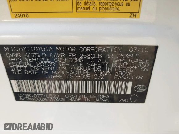 2011 Lexus GS 350 with VIN JTHBE1KS3B0051072, listed as a IAAI auction lot 41754763 with 129,659 mi miles. Bid and sale history available at carsss.com. Image 9.