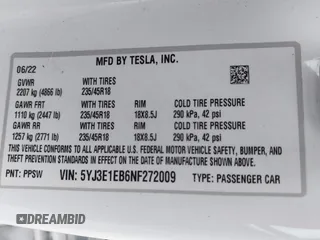 2022 Tesla Model 3 Long Range with VIN 5YJ3E1EB6NF272009, listed as a IAAI auction lot 41984154 with 12,651 mi miles and . Bid and sale history available at DreamBid. Image 9.