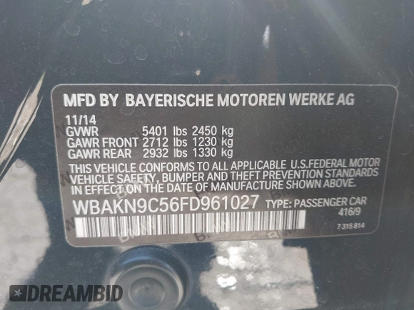 2015 BMW 5 Series 550i with VIN WBAKN9C56FD961027, listed as a IAAI auction lot 42653452 with 167,493 mi miles and . Bid and sale history available at DreamBid. Image 9.