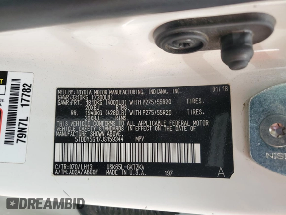 2018 Toyota Sequoia Platinum with VIN 5TDDY5G17JS159344, listed as a Copart auction lot 69950224 with 117,732 mi miles and Salvage Title. Bid and sale history available at carsss.com. Image 14.