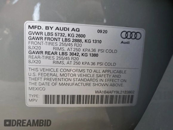 2020 Audi SQ5 Premium Plus with VIN WA1B4AFY9L2123802, listed as a Copart auction lot 79128594 with 25,133 mi miles and Salvage Title. Bid and sale history available at DreamBid. Image 13.