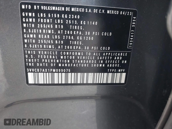 2023 Volkswagen Tiguan SE R-Line Black с VIN 3VVCB7AX1PM099075, выставлен на аукционе IAAI как лот 41600520 с пробегом 33 316 миль миль и . История ставок и продаж доступна на DreamBid. Изображение 9.