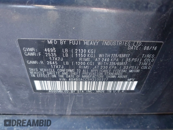 2017 Subaru Outback Premium с VIN 4S4BSACC5H3230377, выставлен на аукционе IAAI как лот 41664945 с пробегом 185 046 миль миль и . История ставок и продаж доступна на DreamBid. Изображение 9.