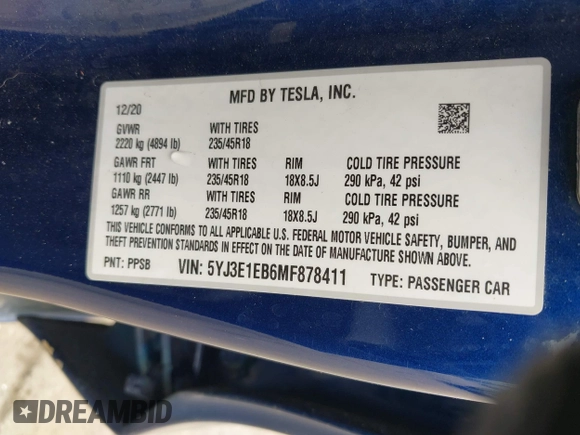 2021 Tesla Model 3 Long Range with VIN 5YJ3E1EB6MF878411, listed as a IAAI auction lot 41986947 with 71,978 mi miles and . Bid and sale history available at DreamBid. Image 9.