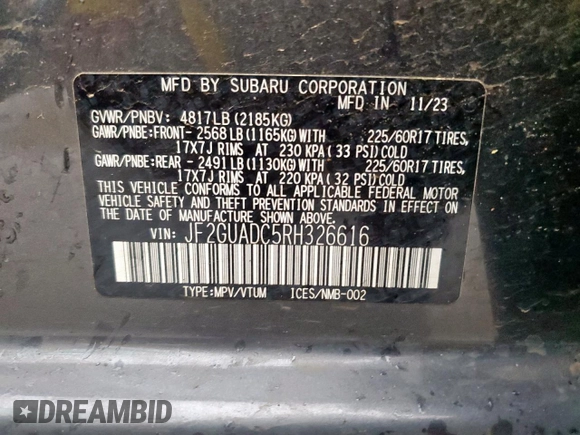 2024 Subaru Crosstrek Premium with VIN JF2GUADC5RH326616, listed as a Copart auction lot 55283335 with 16,872 mi miles and Salvage title. Bid and sale history available at DreamBid. Image 13.