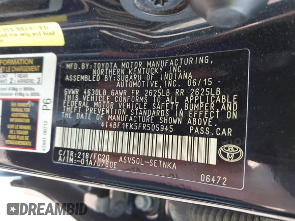 2015 Toyota Camry XLE z VIN 4T4BF1FK5FR505945, wystawiony jako IAAI lot #42114226 z przebiegiem 197 032 mil mil oraz . Historia ofert i sprzedaży dostępna na DreamBid. Obrazek 9.