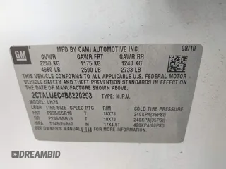 2011 GMC Terrain SLT-1 with VIN 2CTALUEC4B6220293, listed as a IAAI auction lot 41736554 with 162,929 mi miles and . Bid and sale history available at carsss.com. Image 9.