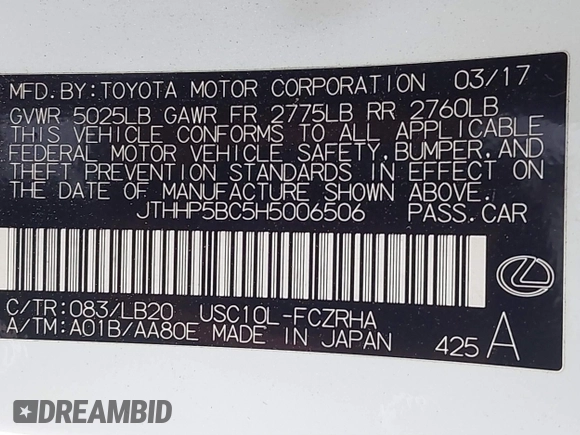 2017 Lexus RC F with VIN JTHHP5BC5H5006506, listed as a IAAI auction lot 41544214 with 51,569 mi miles. Bid and sale history available at carsss.com. Image 9.