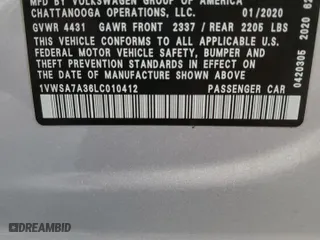 2020 Volkswagen Passat 2.0T SE with VIN 1VWSA7A36LC010412, listed as a Copart auction lot 40148263 with 56,508 mi miles. Bid and sale history available at carsss.com. Image 13.