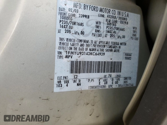 2003 Ford Escape XLT Popular 2 with VIN 1FMYU93143KC64939, listed as a Copart auction lot 75284884 with 147,352 mi miles and Salvage Title. Bid and sale history available at carsss.com. Image 12.