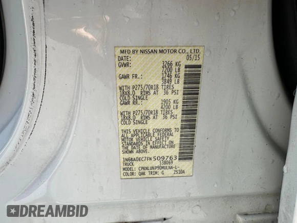 2015 Nissan Titan SL with VIN 1N6BA0EC7FN509763, listed as a Copart auction lot 88064785 with 168,916 mi miles and Clean Title. Bid and sale history available at carsss.com. Image 10.