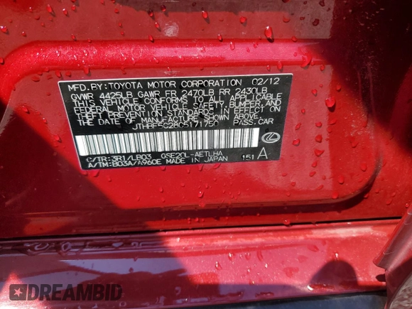 2012 Lexus IS 250 with VIN JTHBF5C28C5171750, listed as a Copart auction lot 50923475 with 109,491 mi miles and Salvage Title. Bid and sale history available at DreamBid. Image 13.
