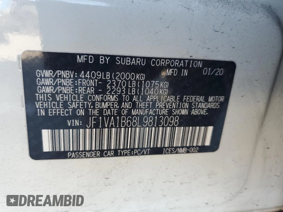 2020 Subaru WRX Premium with VIN JF1VA1B68L9813098, listed as a Copart auction lot 56352305 with 65,543 mi miles and Salvage title. Bid and sale history available at DreamBid. Image 12.